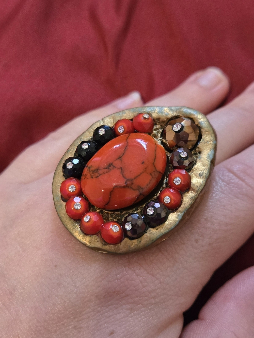 Oval Red Statement Ring with Mixed Accent Beads